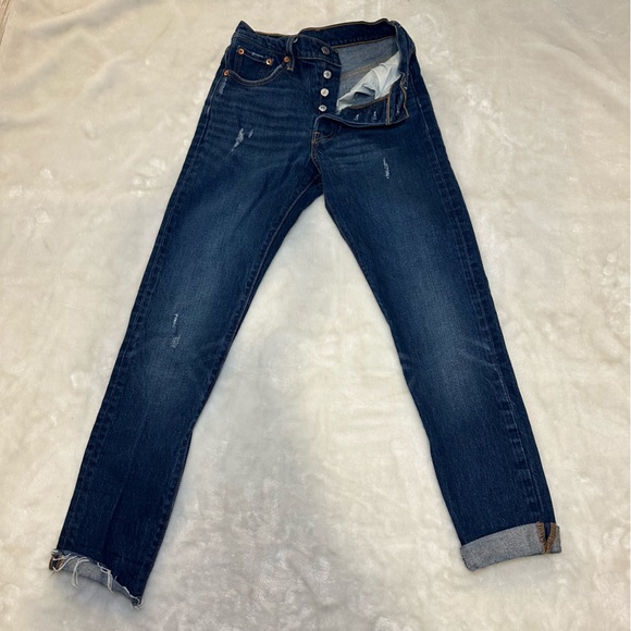 Levi's 501 Original Fit High Waist Distressed Raw Hem Dark Denim Jeans Size 25 - Picture 2 of 16